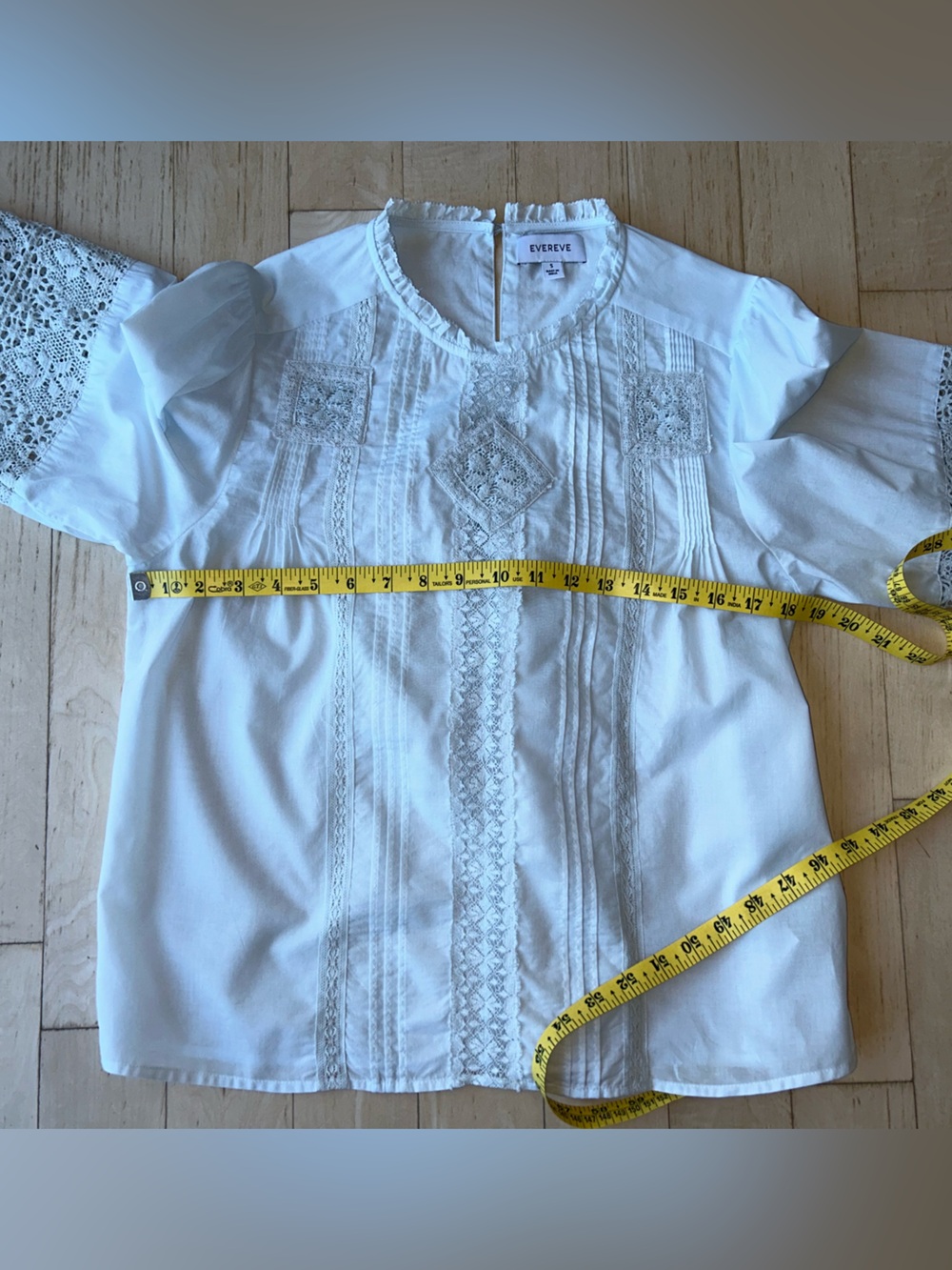 Evereve Victorian Pintuck Crochet Lace Detail Pale Blue Blouse Boho Size S EUC - Picture 12 of 16